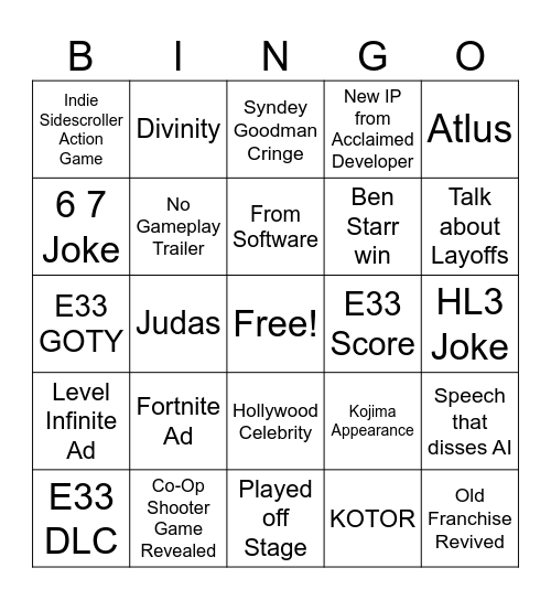 Game Awards 2025 Bingo Card