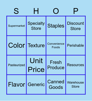Shopping for Food Bingo Card
