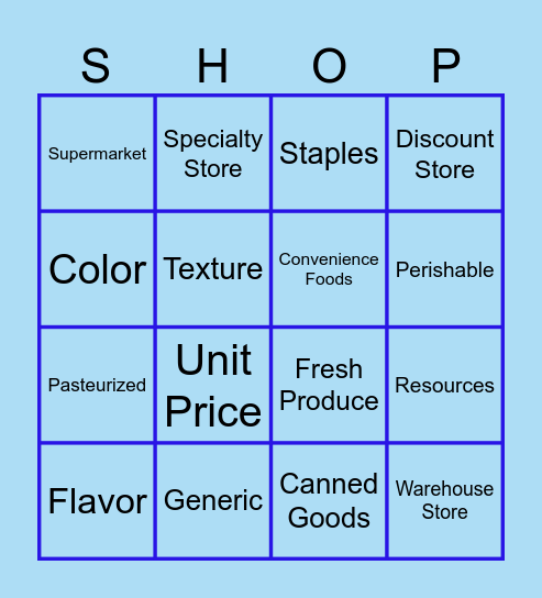 Shopping for Food Bingo Card
