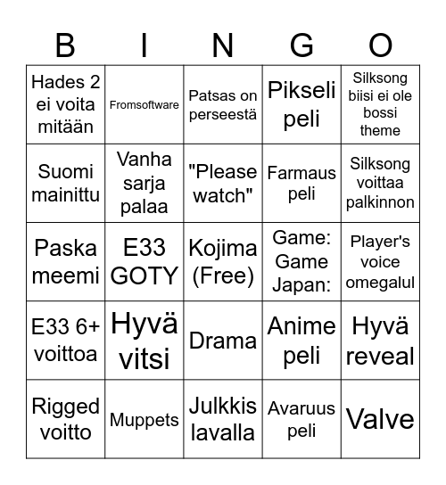 Game awards Bingo Card
