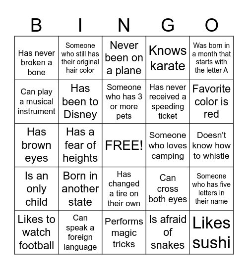 GET TO KNOW YOU Bingo Card