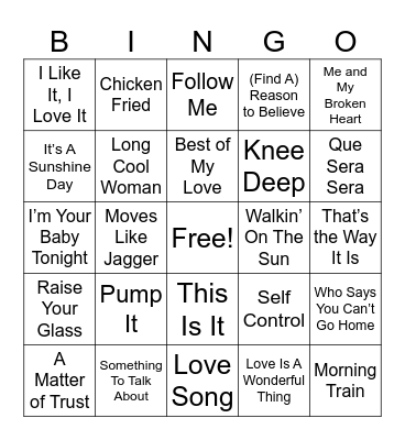 Country Pop Mix Game 2 Bingo Card