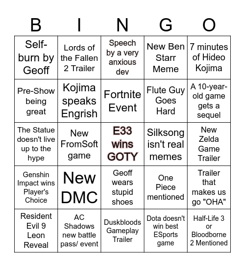 Game Awards 25 Bingo Card