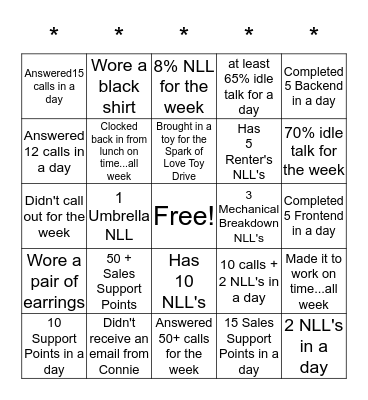 5 In A Row Bingo Card