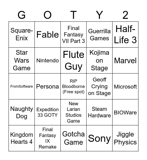 2025 GOTY BINGO Card