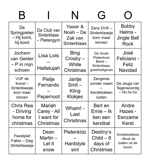 De Grote De Pizzabakkers Sinterkerst Bingo Card