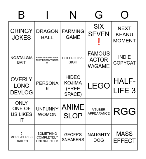 GAME AWARDS 2025 Bingo Card