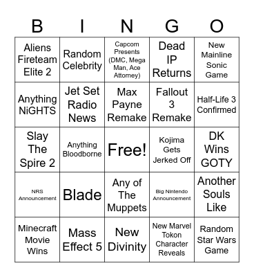 Game Awards 2025 Bingo Card