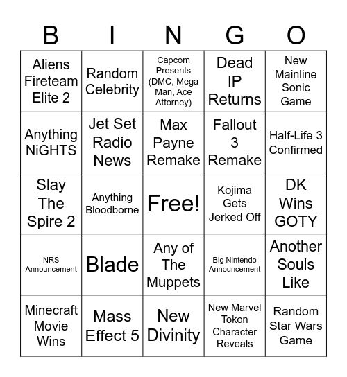Game Awards 2025 Bingo Card