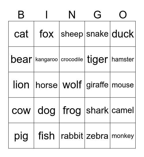 ANIMALS Bingo Card