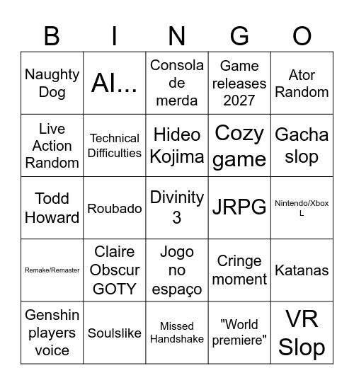 Game Awards Bingo Card