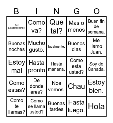 Saludos- Spanish 1A Bingo Card
