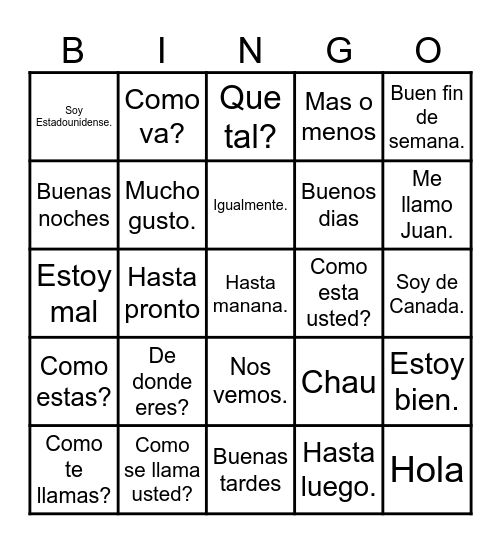 Saludos- Spanish 1A Bingo Card