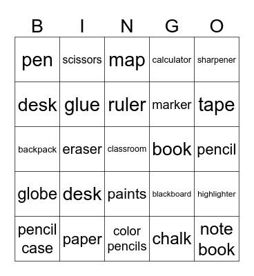 SCHOOL SUPPLIES Bingo Card