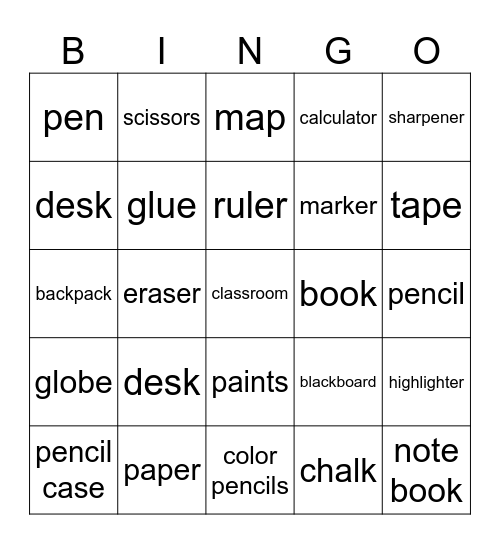 SCHOOL SUPPLIES Bingo Card