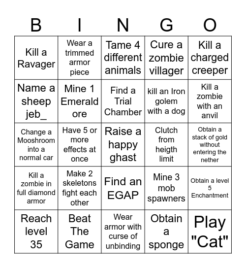 Minecraft Bingo Card