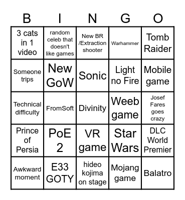 The Game Awards Bingo Card