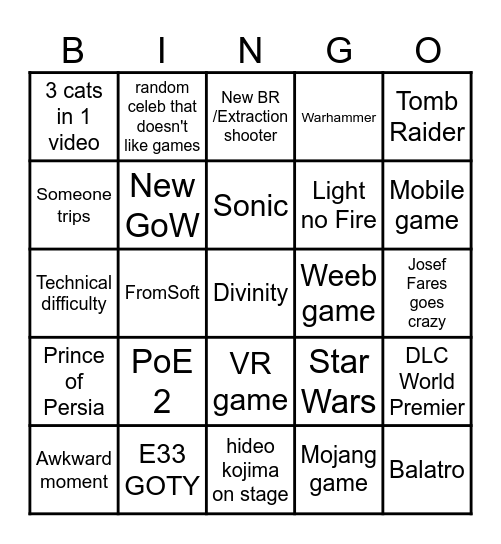 The Game Awards Bingo Card