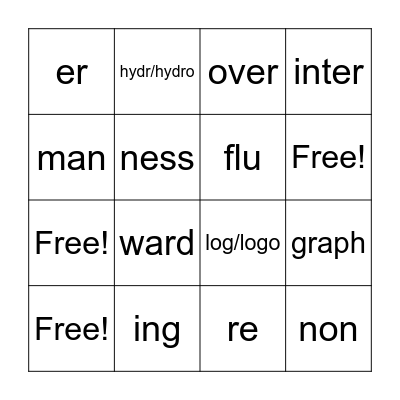 Morphemes Set 5-8 Bingo Card