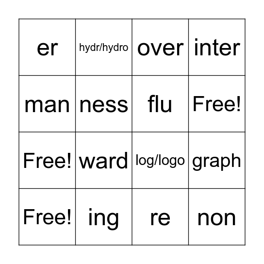 Morphemes Set 5-8 Bingo Card