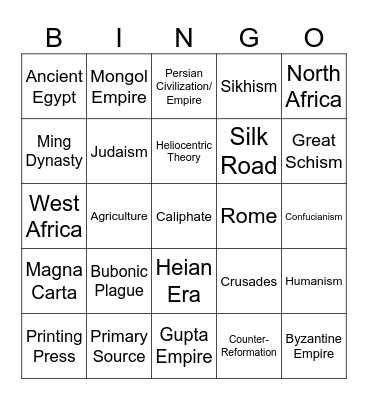 World History A Semester Exam Bingo Card