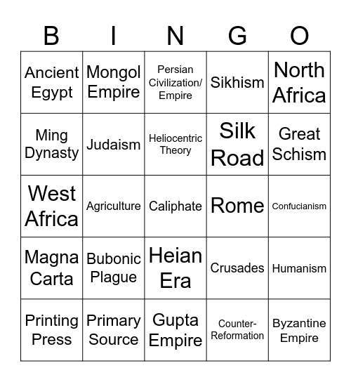 World History A Semester Exam Bingo Card