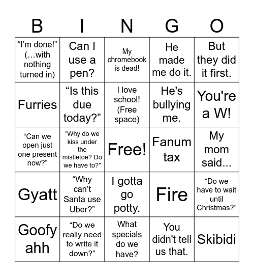 SHE Staff Holiday Bingo Card