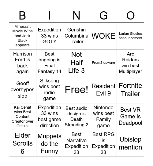 Game Awards Night Bingo Card