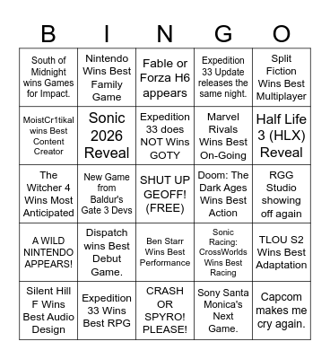 The Game Awards 2025 Bingo Card