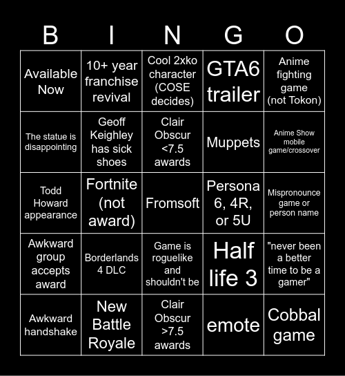 Game awards 2025 Bingo Card