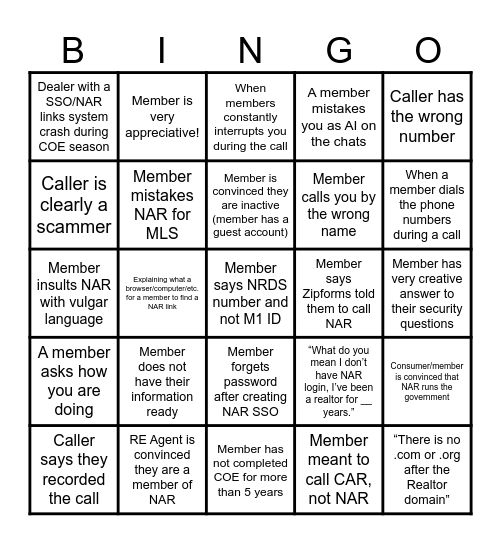 NAR Member Support Bingo Card