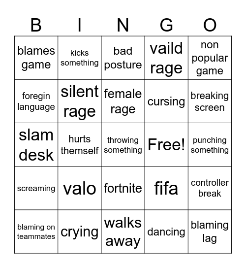 gamer rage Bingo Card