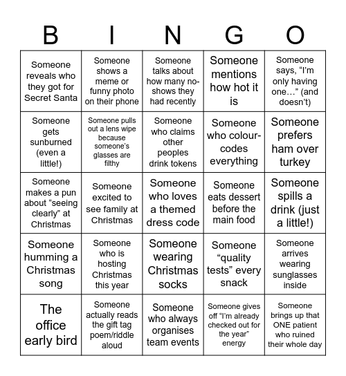 2025 Specsavers Christmas Party Bingo Card