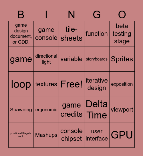 Fall 25: Video Game 1: Units 1-6 Bingo Card