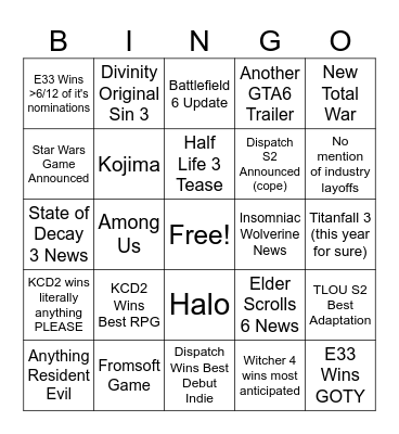 Game Awards 2025 Bingo Card
