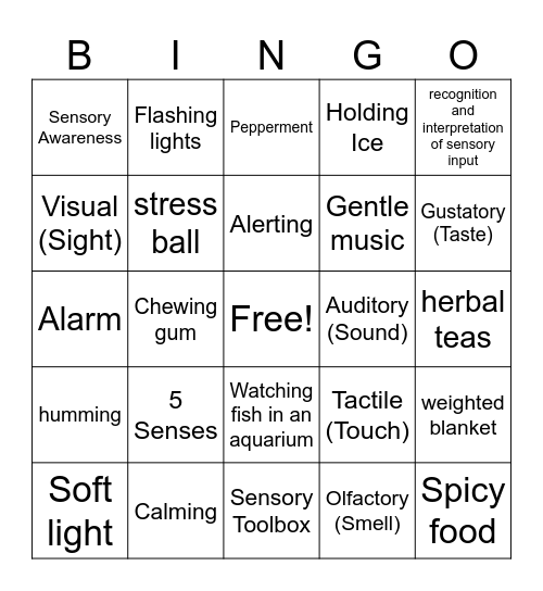 Sensory Awareness Bingo Card