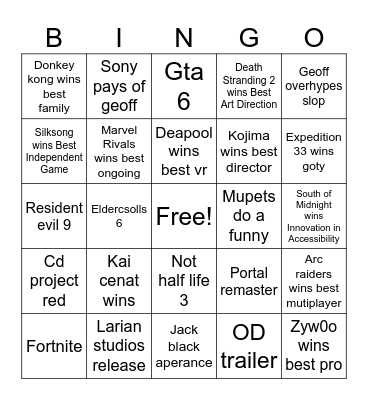 Game awards Bingo Card