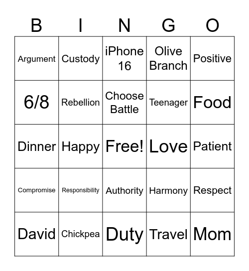 Family Reunification Bingo Card