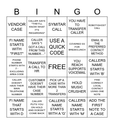 Call Center Bingo Card