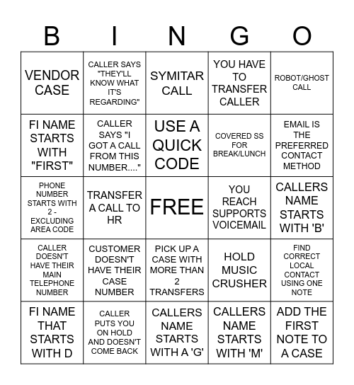 Call Center Bingo Card