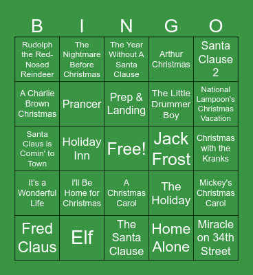 Holiday Movie Bingo Card