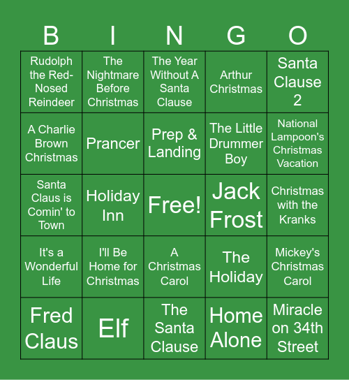 Holiday Movie Bingo Card