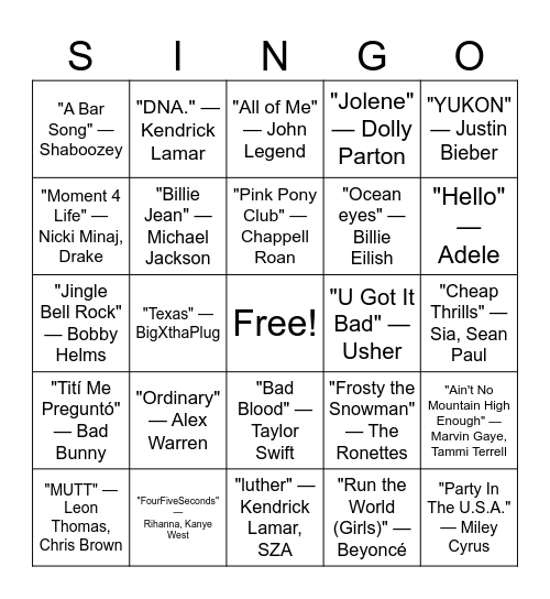 Ms. Wyatt's Semester "Singo" Bingo Card