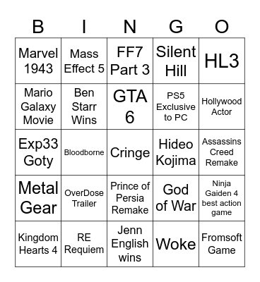 Game Awards 2025 Bingo Card