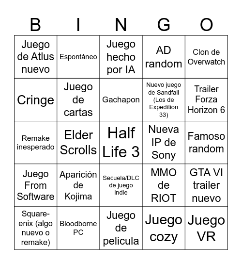 Bingo The Game Awards Bingo Card