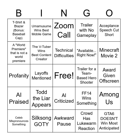 2025 Lame Awkwards Bingo Card