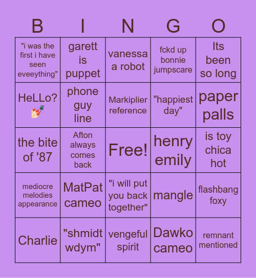 Fnaf2 Bingo Card