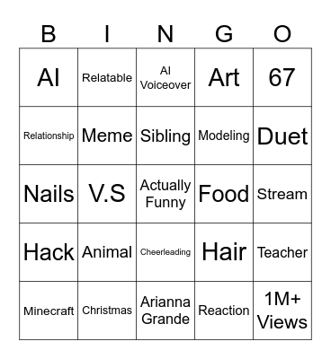 Youtube Shorts Bingo Card