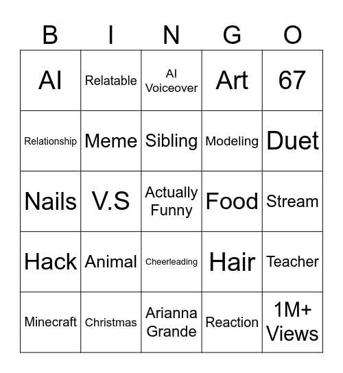 Youtube Shorts Bingo Card