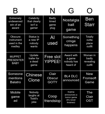 The TGA BINGO BABY Bingo Card